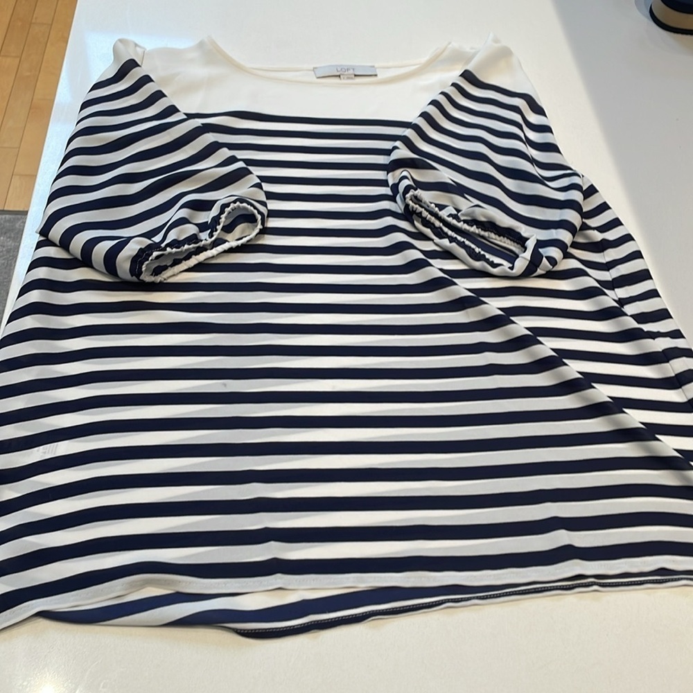 Loft Nautical Stripe Wide Neck Blouse, Navy, Size L - Picture 9 of 10